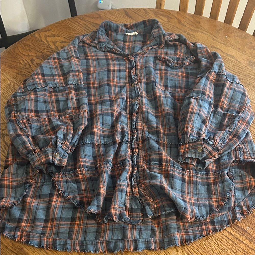 Blue and Orange Plaid Button-Up Shirt